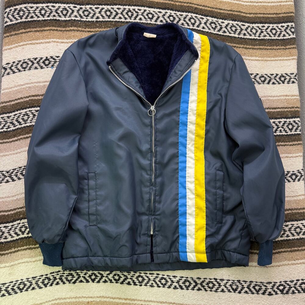 Men's Vintage 70's Navy Blue Striped Lined Zip Up Nylon Racing Jacket Sz Medium